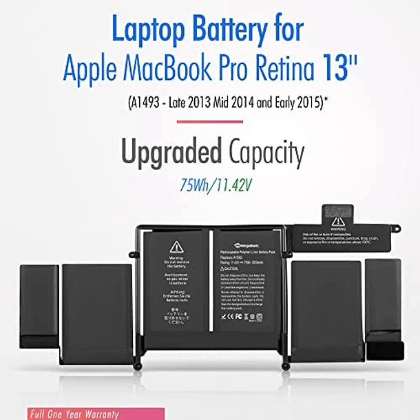 Batería NinjaBatt A1502 A1582 para Apple MacBook Pro Retina 13” A1493 [2015, 2014, 2013] - Alto Rendimiento [75 Wh/11,42 V] 4