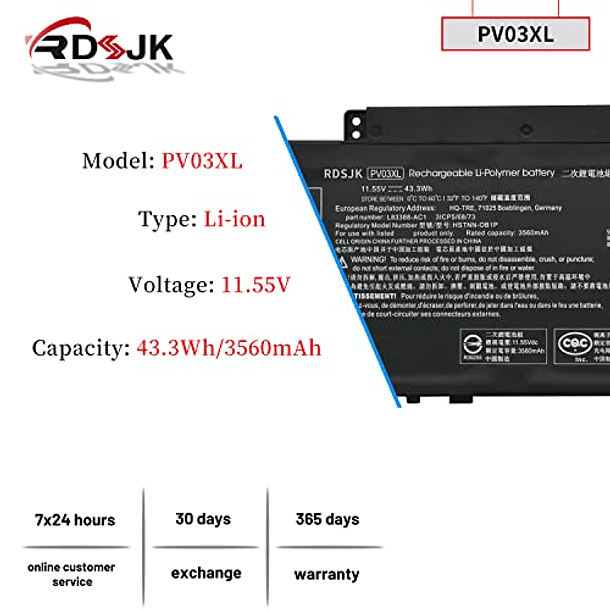 Batería Compatible para HP Pavilion x360 13-BB 13-BB0000 14-DV 14M-DW 14-DK 15-EH 15-EH0000 14-dw0xxx Serie HSTNN-LB8S HSTNN-DB9X HSTNN-OB1P L83388-421 L83388-AC1 L83393-005 11,55V 2