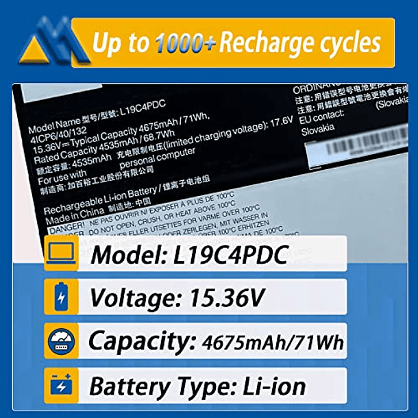 Batería de Repuesto para Lenovo Ideapad Yoga 7-14ITL5 82BH 7-15ITL5 82BJ Series Laptop - Mobik L19C4PDC L19M4PDC L19L4PDC 71Wh 4675mAh 5B10Z26482 SB10Z26481 5B10Z26485 SB10Z26483 5B10Z26379 15. 2