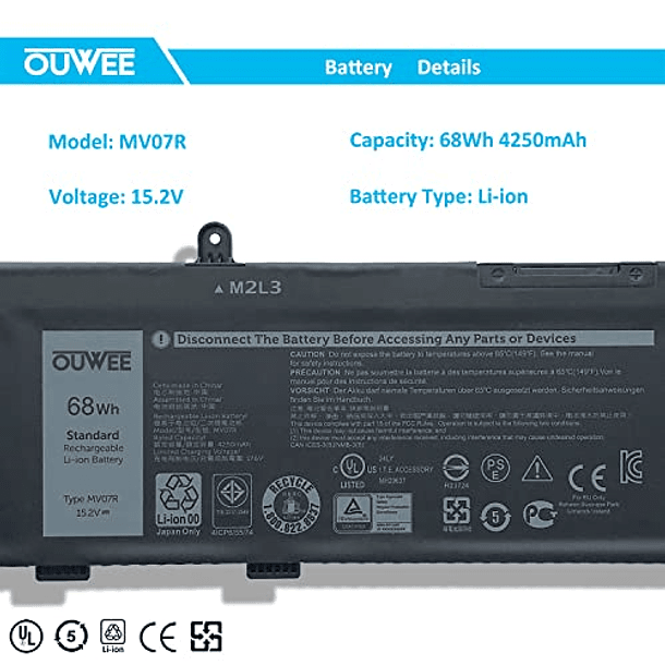 Batería Compatible con Dell G3 15 3500 3590 G5 5500 5505 SE Series Notebook, OUWEE MV07R, 0JJRRD 266J9, 15.2V 68Wh 4250mAh 2