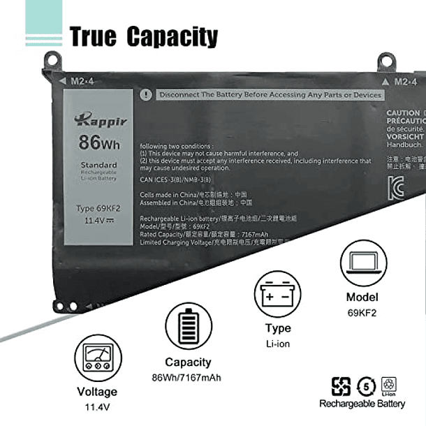 Batería de Repuesto para Portátil Dell XPS 15 9500 9510 9520 Precision 5550 5560 5570 Alienware M15 R3 R4 M17 R3 R4 Series 8FCTC 08FCTC 70N2F 070N2F 11,4V 6 Celdas (BOWEIRUI 86Wh 69KF2) 2