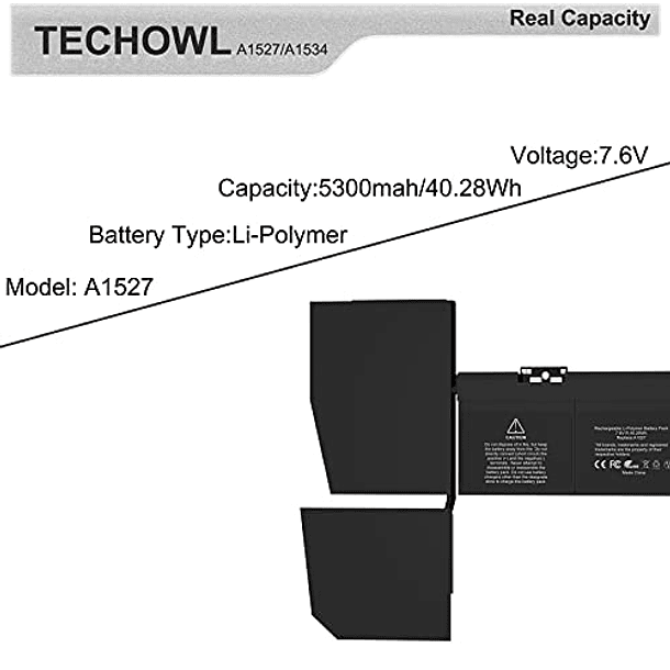 Batería de Repuesto TECHOWL para MacBook 8,1 9,1 10,1 A1534 (A1527) - 7,6V/40,28Wh - Compatible con MacBook Rtina de 12 Pulgadas (2015-2016, 2017) 6