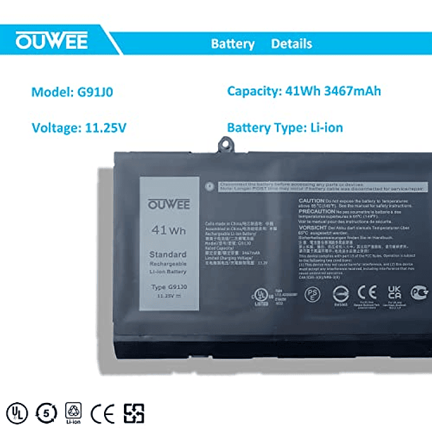 Batería Compatible para Dell Latitude 3320 3420 3520 Inspiron 5410 5418 3510 3511 3515 5515 Vostro 5510 5515 Series OUWEE G91J0 V6W33 0WV3K8 0VKYJX 0MVK11 0XDY9K 0PG8YJ 0927N5 0FH5CMK 2