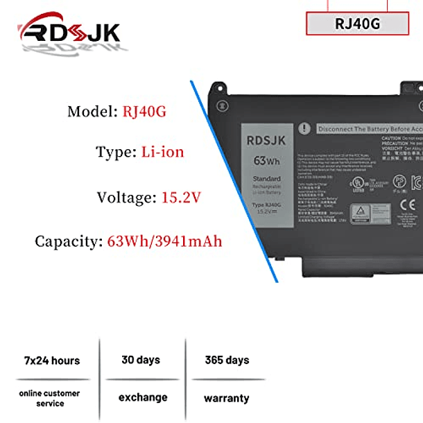 Batería para Dell Latitude 14 5420/15 5520/Precision 15 3560 Series, Modelo 01K2CF/075X16/WY9DX/0WK3F1/0M3KCN/005R42/P137G/P137G001/P104F/P104F001/P104F002, 15,2V 63Wh 2