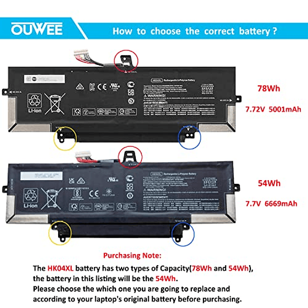 Batería Compatible con HP EliteBook x360 1030 G7 G8 1040 G7 G8 Series - OUWEE HK04XL - L82391-005 L82391-006 L82391-007 HSTNN-IB9H L79376-1B1 L79376-1B2 - 54Wh 6669mAh 2