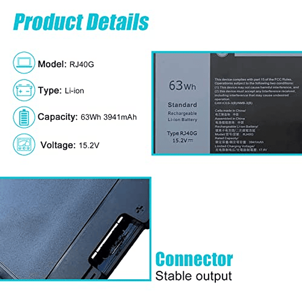 Batería de Repuesto para Dell Latitude 14 5420, Latitude 15 5520, Precision 15 3560 Series, 63Wh RJ40G, P137G, P137G001, P104F, P104F001, P104F002, 01K2CF, 075X16, WY9DX, 0M3KCN, 0WK3F1, 15,2V, 3941m. 2