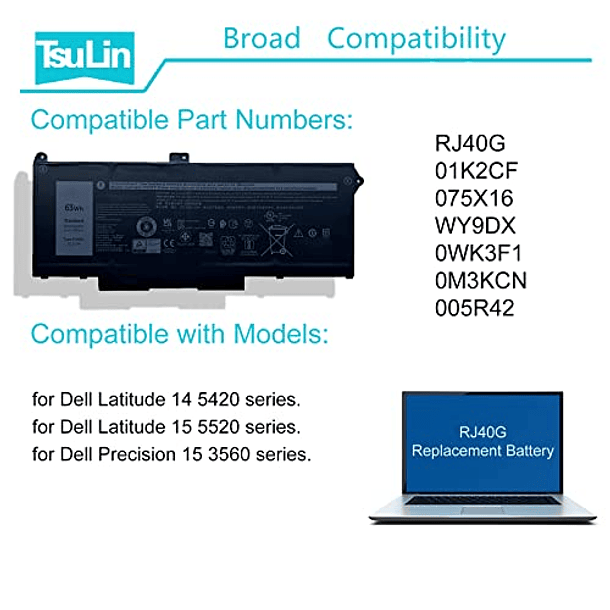 Batería de Repuesto para Dell Latitude 14 5420, Latitude 15 5520, Precision 15 3560 Series, 63Wh RJ40G, P137G, P137G001, P104F, P104F001, P104F002, 01K2CF, 075X16, WY9DX, 0M3KCN, 0WK3F1, 15,2V, 3941m. 6