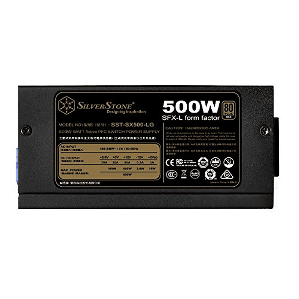 Fuente de alimentación SX500-LG de SilverStone: 500 W, SFX-L, 80 Plus Gold, completamente modular, con riel único de +12 V y PFC activo. 2