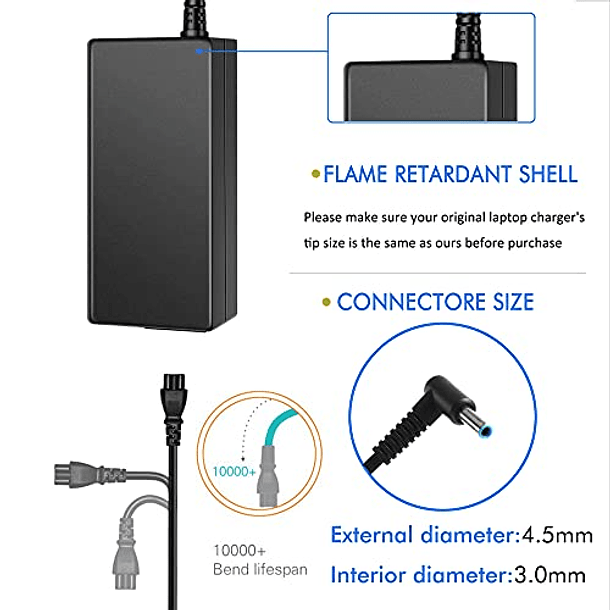Adaptador de CA de 19,5V 3,33A para HP 15-F009WM 15-F023WM 15-F039WM 15-F059WM 15-g073nr F9H92UA 15-g074nr Laptop, con cable de 4,5/3,0mm. 4