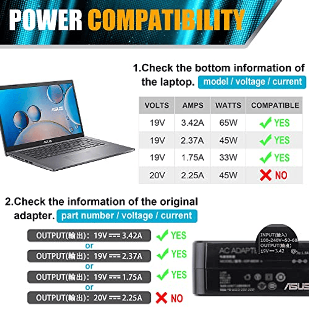 Adaptador Universal Asus de 65W, 45W y 33W para Cargar Portátiles Asus VivoBook, ZenBook, Chromebook, TransformerBook y EeeBook Series. Incluye Cable de Alimentación. 4