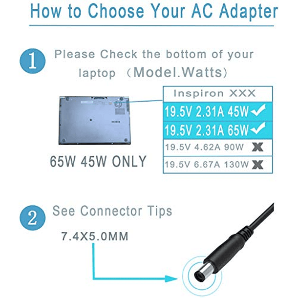 Adaptador de cargador de CA de 65 W apto para Dell Latitude 5300 5400 5500 7300 7400 cable de alimentación para portátil 4