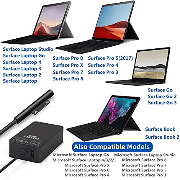 Cargador Compatible con Microsoft Surface Pro 3/4/5/6/7/X/8, Surface Go 1/2 y Surface Book - KSW KINGDO 44W 15V 2.58A 6