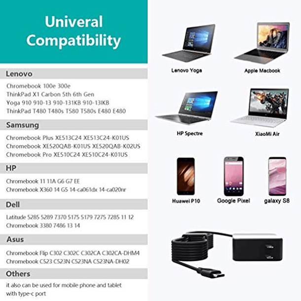 Cargador USB C Compatible con Samsung Chromebook Plus Pro - Certificado UL para XE513C24 XE510C24 V2 XE520QAB XE521QAB XE525QBB PA-1300-87 5
