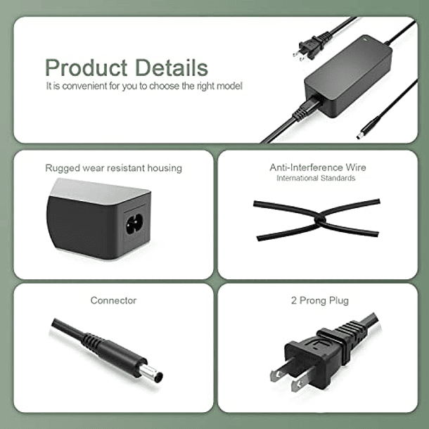 Cargador Compatible con Dell Inspiron 7506 P97F003 15 2 en 1: 65W, Cable Adaptador de Fuente de Alimentación de CA para Portátil. 4