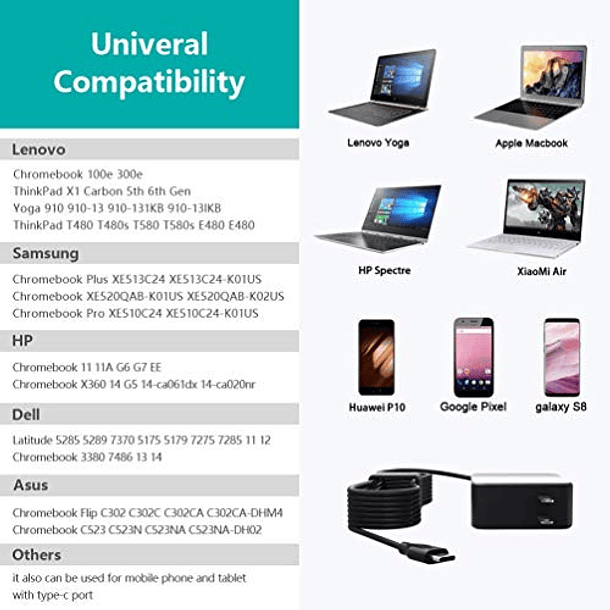 Cargador USB C 45W para Samsung Chromebook 4 y 4 Plus, Seguridad Certificada por UL. 6