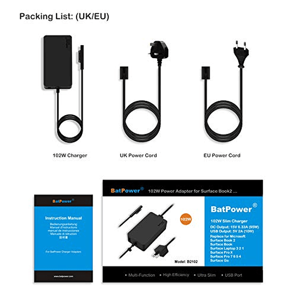 Cargador Compatible con Microsoft Surface Book 3 2 1: BatPower 15V 6.33A 102W, Fuente de Alimentación con Cable Adaptador de CA, 5V 2A Carga USB. 6