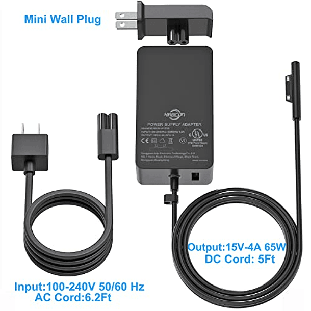 Adaptador de 65W para Computadora Portátil Microsoft Surface Pro 8/7/6/5/4/3, Surface Laptop 1/2/3, Surface Go 1/2 y Surface Book - Certificado UL 5