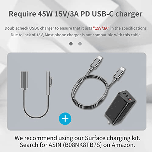 Sisyphy Surface Connect a cable de carga USB-C (negro de 0,7 pies), compatible con Microsoft Surface Pro 7/6/5/4/3 Go 4/3/2/1 Laptop Book, funciona con cargador USB C de 45 W 15 V 3 A y USB- Cable C a 4