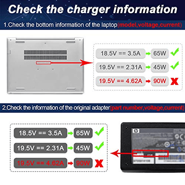 Reemplazo de Cargador para HP Pavilion DV7 DV6 G6 G7 DV5 DV4 DM4 G62 G72: 65W 18.5V 3.5A Adaptador de CA con Cable de Alimentación. 3