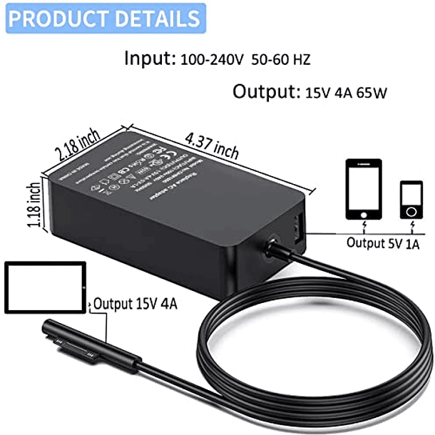 Cargador 65W 15V 4A para Surface Pro 3/4/5/6/7/X, Laptop 1/2/3, Book 1/2, Go 1/2. Fuente de alimentación para Surface. 5