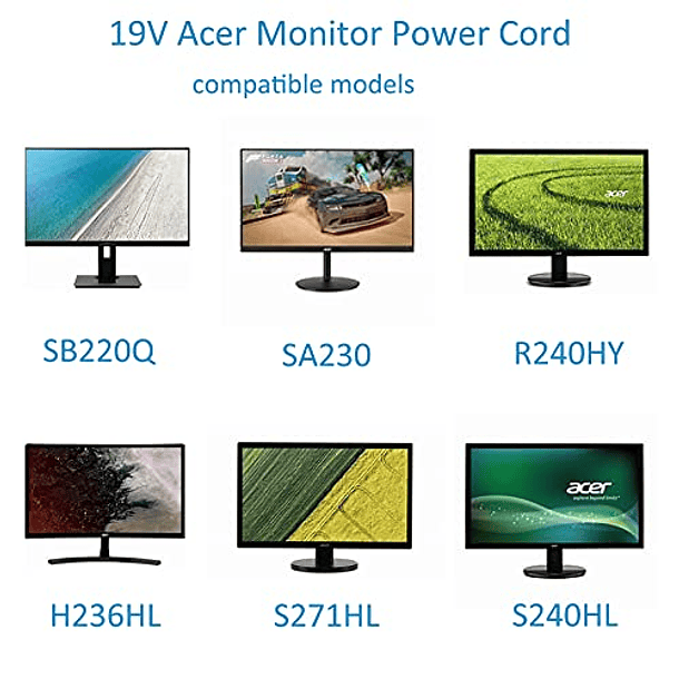 Cable de Alimentación 19V para Monitores Acer: R240HY, SB220Q, SA230, S231HL, S232HL, H236HL, S202HL, S230HL, S240HL, S220HQL, S271HL, S241HL, G246HL, G276HL, G226HQL, G236HL, H226HQL, H276HL, HN274H. 2