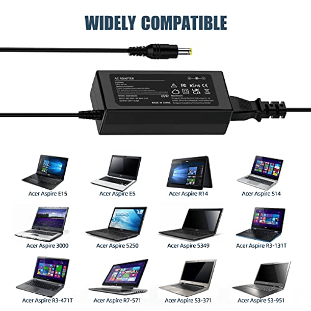 Adaptador de cargador de portátil de 19 V para Acer Aspire ES1 E15 E1 E1-532-2635 E1-571 E1-531 E3 E5 E5-511 E5-571 E5-573 E5-573G E5-575 E5-576G E5-575G E5-521 E5-522 Cable de alimentación ES1-53165W 6