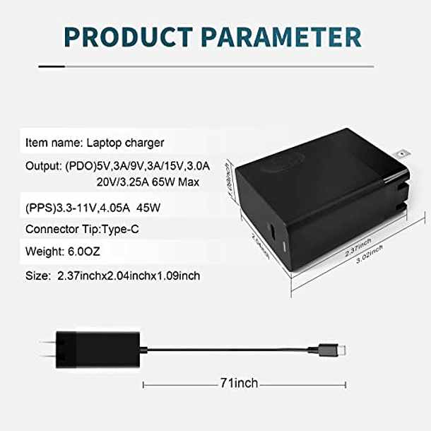 Cargador USB C para Mac Book Pro/HP/Lenovo Thinkpad/Dell/Acer/Samsung Chromebook, 65W/45W PD 3.0, Compatible con Todas las Computadoras Portátiles. 2