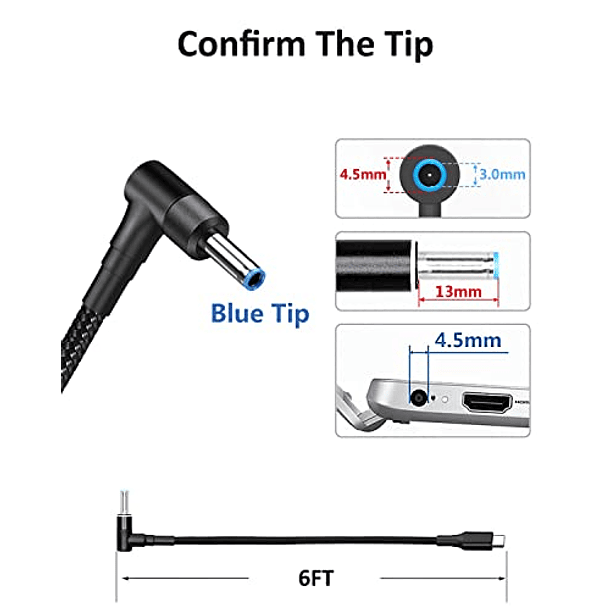 Adaptador de cable de carga para computadora portátil USB C a 4.5 mm Tipo C macho a ángulo recto DC 4.5 x 3.0 mm Convertidor 6.5 pies 100 W PD Cargador de alimentación Cable de extensión para Stream 1 7