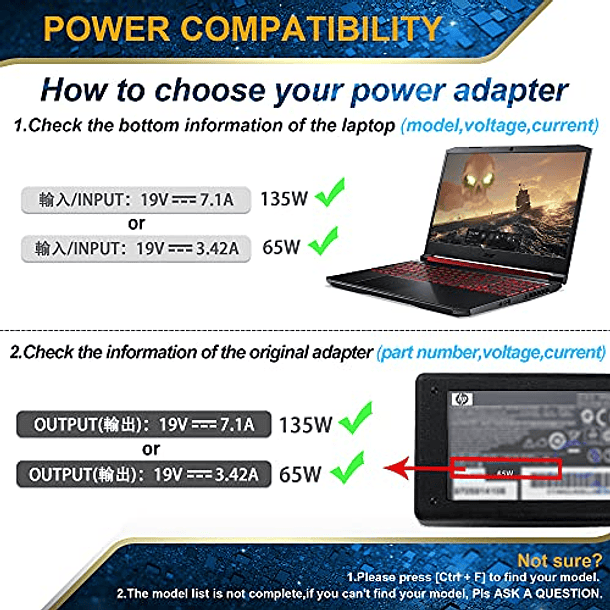 Cargador de 135W para Portátiles Acer Nitro 5 Gaming AN515-51, AN515-41, AN515-53, AN515-52, AN515-43, AN515-54, AN517-51, AN515-55-53AG, AN515-44-R99Q, AN515-55-52KW; Cable de Alimentación Incluido. 3