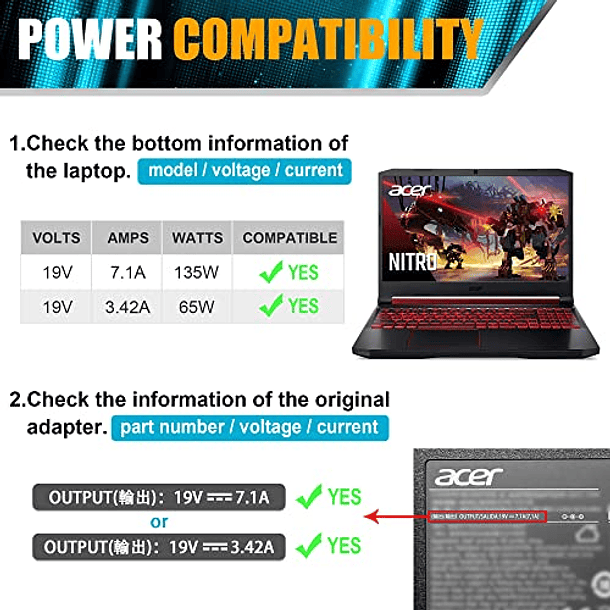 Cargador de portátil de 135 W para Acer Nitro 5 AN515-51 AN515-41 AN515-53 AN515-54 AN515-55 AN515-54 AN517-51 AN517-52 AN715-51 A715-52 S40-51 S40-52 ConceptD Series adaptador de cable de alimentació 4