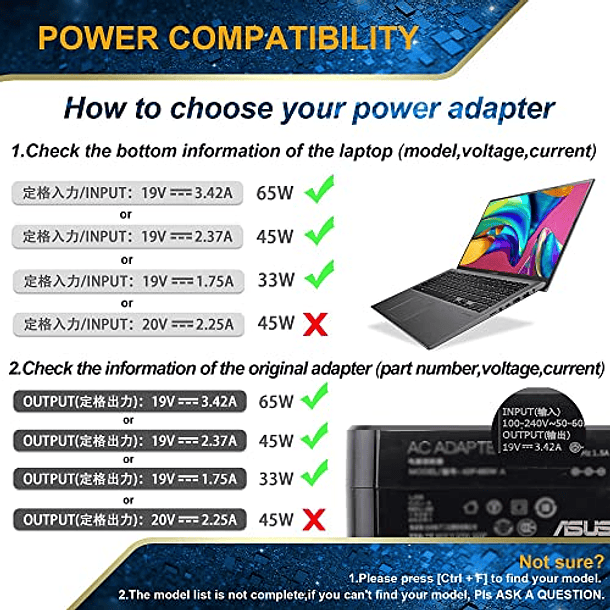 Cargador universal para laptop reemplaza el cargador de computadora  portátil ASUS 65W 45W 33W adaptador de corriente de repuesto