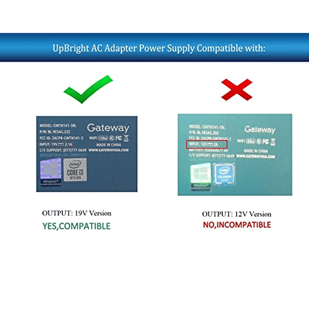 Adaptador de CA/CC de 19V UL Compatible con Gateway GWTN141-3/3BK/3BL/3GR/3PR/4/4BK/4BL/4RG/6/6BL - UpBright 2