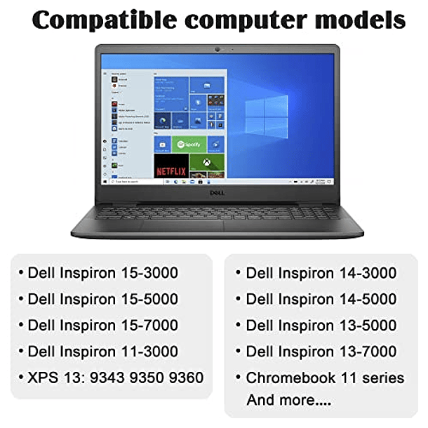 Adaptador de CA Compatible para Dell Inspiron 15-3000, 15-5000, 15-7000, 11-3000, 14-3000, 14-5000, 13-5000, 13-7000, Series 3521, 5548, 5784, 1525, 3190, 7490, 3310, 3283 y XPS - 65W y 45W. 3