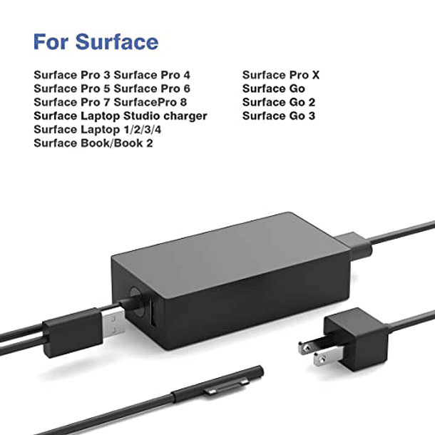 Cargador Microsoft Surface Pro de 65 W: Compatible con Surface Laptop 1 2 3, Pro X 7 6 5 4 3, Go Go 2 Go 3, Book 1 2. Adaptador de Fuente de Alimentación. 3