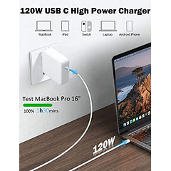 Cargador USB C de 120 W para MacBook Pro, MacBook Air, iPad Pro y todos los dispositivos USB C, incluye cable USB-C. Rápido y compatible.