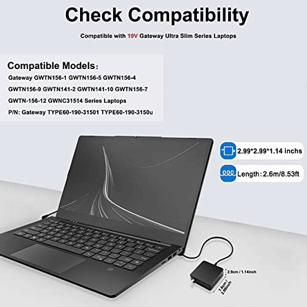 Cable de Alimentación Compatible con Cargadores de 19V para Gateway GWTN156-1, GWTN156-5, GWTN156-4, GWTN156-9, GWTN141-2, GWTN141-10, GWTN156-7, GWNC31514-BK y TYPE60-190-31501U. 2