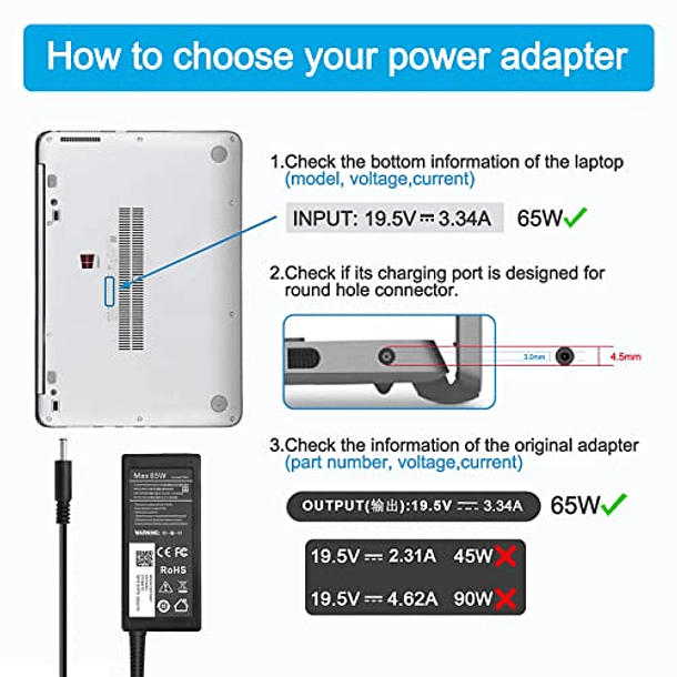 Cargador de Repuesto para Portátil Dell de 65W Compatible con Inspiron 15 3000 5000 7000 Series 5558 5755 3147 13-5000 13-7000 17-3000 17-5000 17-7000 7348-2in1 5555 5559 3