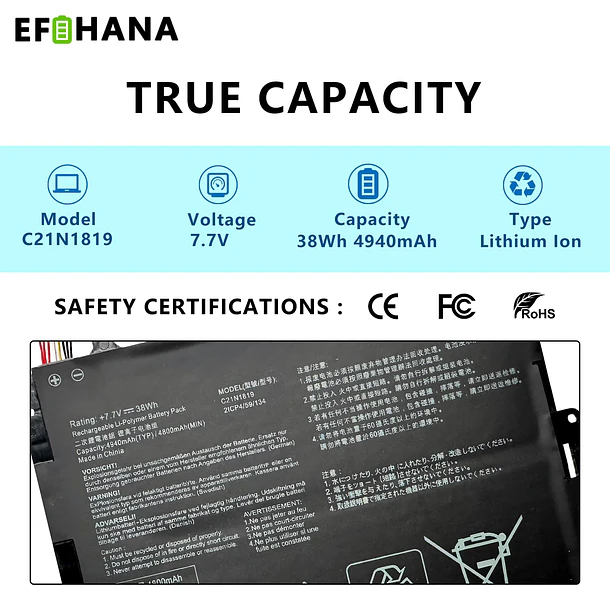Batería de Repuesto C21N1819 para Asus Vivobook 14 F420FA F420UA S420UA R459UA X420FA X420UA A420UA - EFOHANA 2