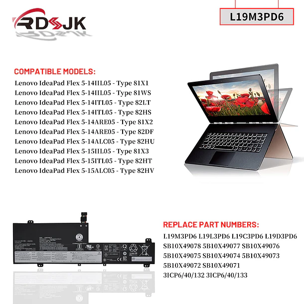 Batería de Repuesto L18C4P71 para Lenovo IdeaPad Flex 5-14IIL05 5-14ITL05 5-14ARE05 5-14ALC05 5-15IIL05 5-15ITL05 5-15ALC05 3