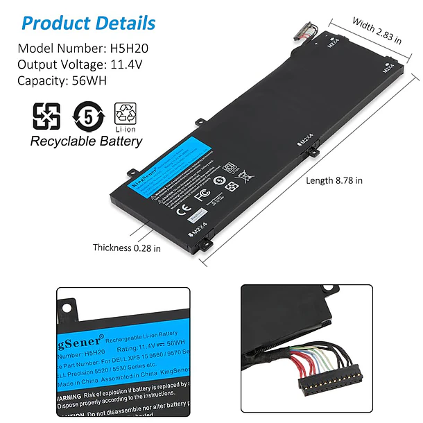 Batería de Repuesto H5H20 para DELL XPS 15 9560 9570 Precision M5520 - KingSener 6