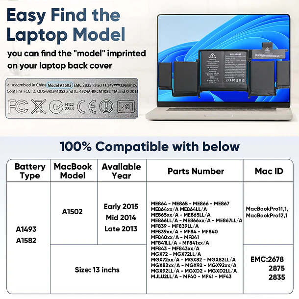 Batería de Repuesto A1582 para MacBook Pro 13 inch Retina A1493 [ Early 2015, Mid - Jalaxbeat 2