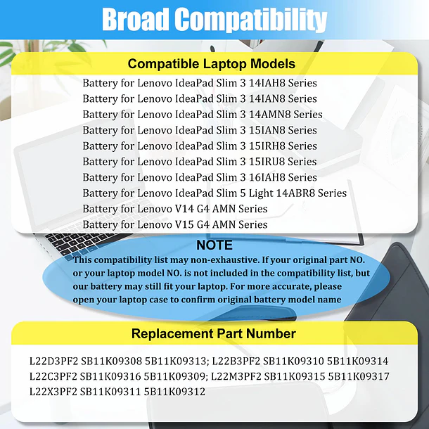 Batería de Repuesto L22C3PF2 para Lenovo V14 V15 G4 AMN IdeaPad Slim 3 14IAH8 14IAN8 - GlottyBatt 3