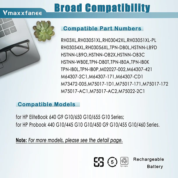 Batería de Repuesto RH03XL para HP EliteBook 640 G9 G10/650 G10/655 G10 Probook 440 G10/445 - Vmaxxfanee 5