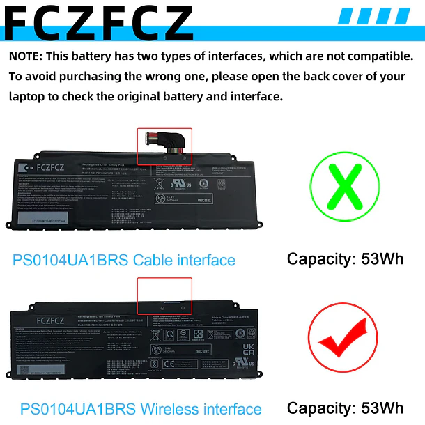 Batería de Repuesto PS0104UA1BRS para Dynabook U30 / Tecra A40-J/Tecra A50-J Series 41CP5/63/71 15.4V - FCZFCZ 3