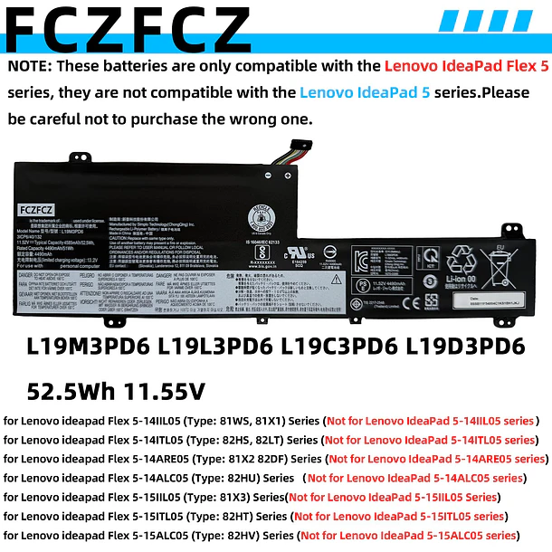 Batería de Repuesto L19M3PD6 para Lenovo ideapad Flex 5-14IIL05 5-14ITL05 5-14ARE05 5-14ALC05 5-15IIL05 5-15ITL05 5-15ALC05 - FCZFCZ 6