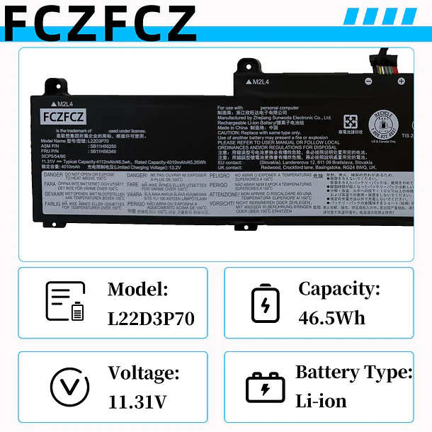 Batería de Repuesto L22D3P70 para Lenovo ThinkPad L14 Gen 4 / L15 Gen 4 Series - FCZFCZ 3