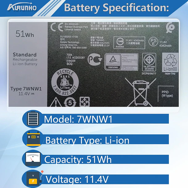 Batería de Repuesto 7WNW1 para Dell Latitude 5424 5420 Rugged Extreme P85G P86G P137G P137G001 - AURUNHO 2