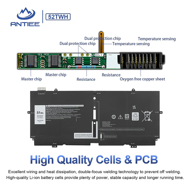 Batería de Repuesto 52TWH para Dell XPS 13 7390 2-in-1 Series - ANTIEE 4