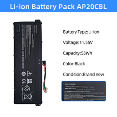 Batería de Repuesto AP20CBL para diversos equipos compatibles según modelo AP20CBL - NBULBL