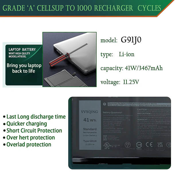 Batería de Repuesto g91j0 para Dell Latitude 3320 3330 3420 3520 Insp 3510 3511 3515 - VVXQING 2